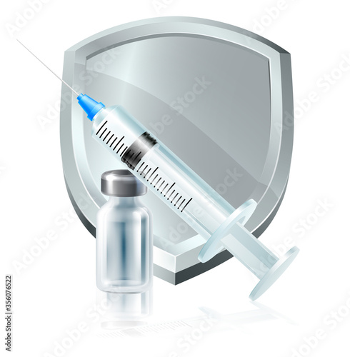 A medical syringe injection and vial bottle, possibly a vaccine immunisation, insulin or other medicine in front of defensive shield concept.