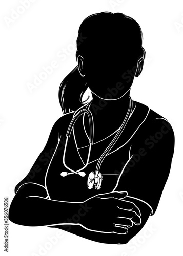 A doctor or nurse woman in silhouette with arms folded in a confident pose.