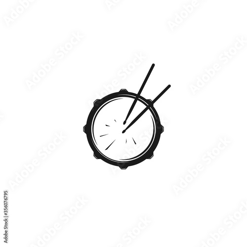 Vector logo of rock school or rock band. Snare drum with drumsticks. Rock music label.