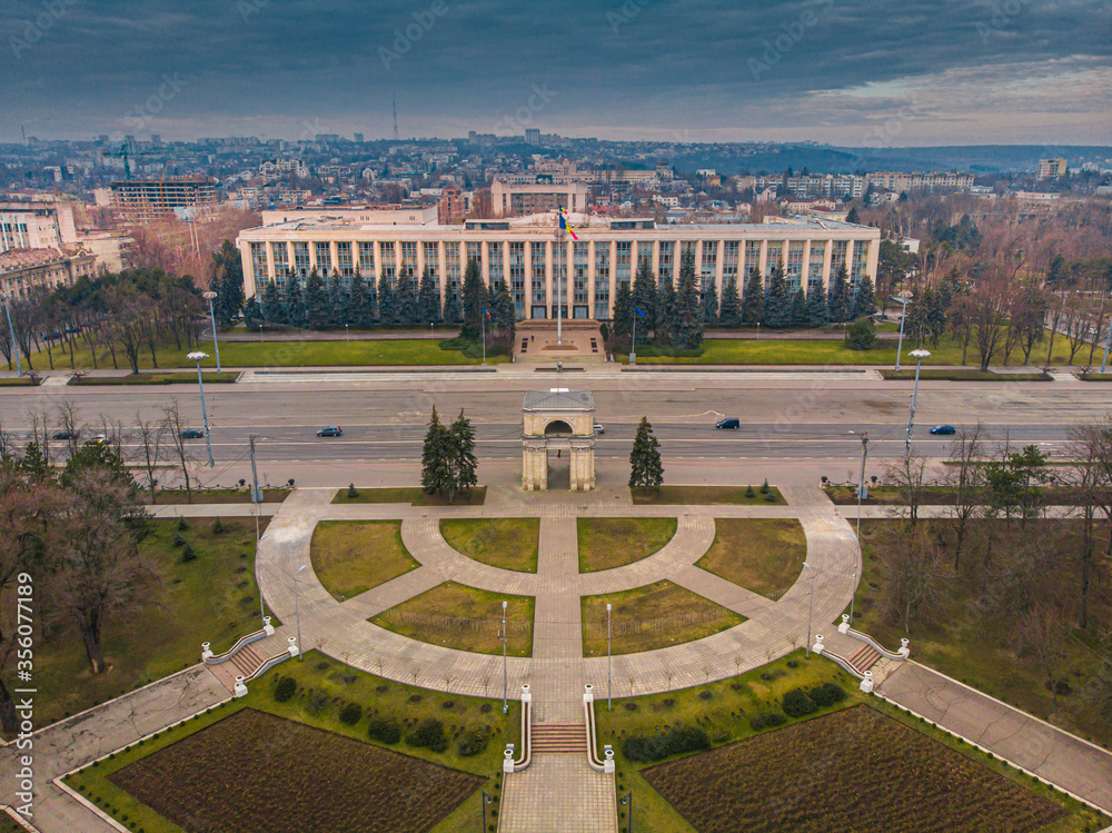 Chisinau Triumphal Arch and Government building in central Chisinau, 2020. Aerial view
