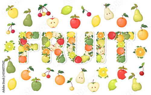 Set of vector colorful cartoon fruits apple  pear  orange  cherry  lemon  lime isolated on white background