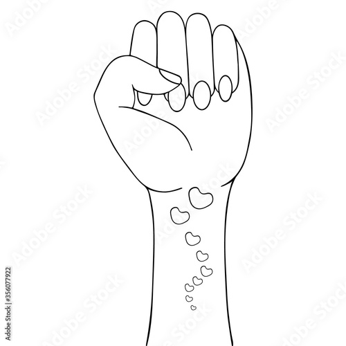 Sign of protest. Stop racism. Fist of a woman. The struggle for rights and justice. Vector illustration. Outline on an isolated white background. Heart tattoo. Sketch. Doodle style. Coloring book. 