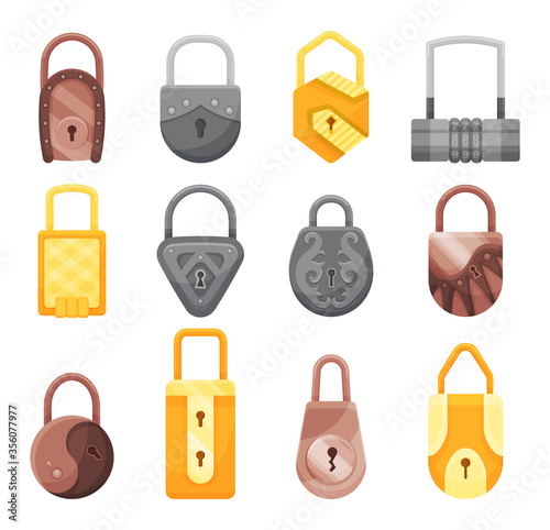 Padlocks collection. Flat padlock icons for protection privacy, web and mobile apps. Cartoon closed locks. Design template of golden, steel and bronze locks