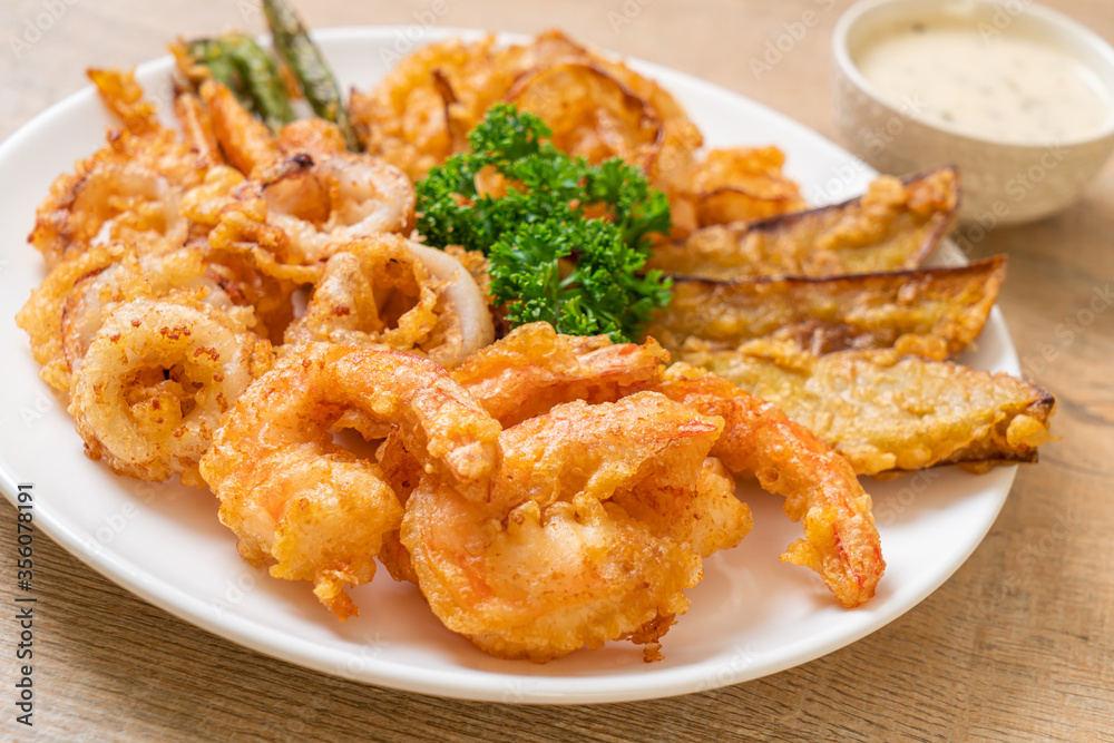 deep fried seafood (shrimps and squid) with mix vegetable deep fried seafood (shrimps and squid) with mix vegetable