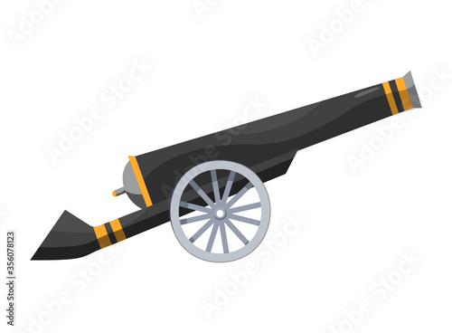 Antique pirate cannon. Vintage gun. Color image of medieval cannon for old ships on a white background. Cartoon style