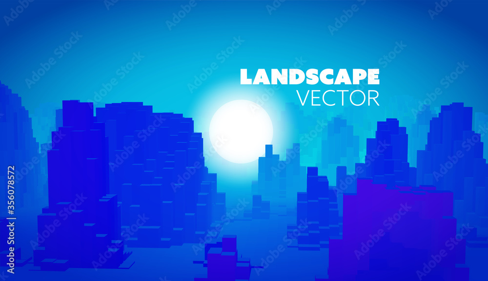 Vector voxel panorama background. 3d map for game goal