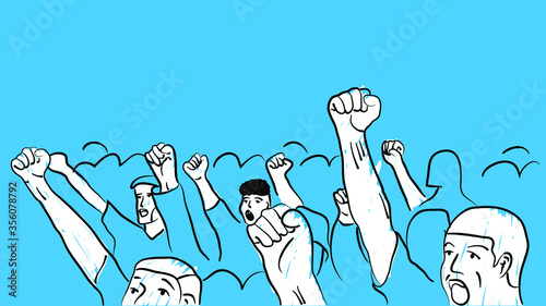 diverse crowd protesting raising their fists demanding justice simple hand drawn design style minimal vector illustration