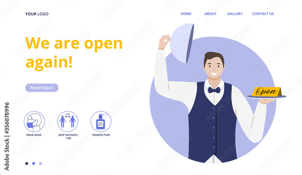 We are open again.Restaurant Vector illustration template for landing,webpage.Welcome back after coronavirus.Restaurant working after pandemic.Waiter.Reopening.The end of quarantine.Business concept.