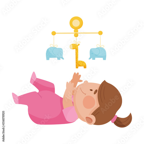 Baby Girl Lying on the Floor Looking Up at Rattle Toy Vector Illustration