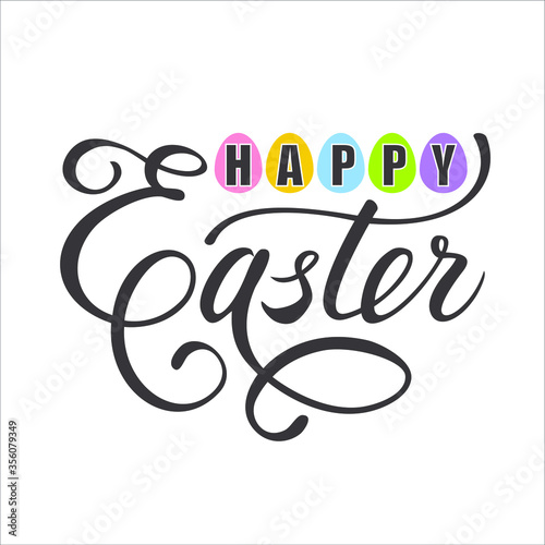 Vector Happy Easter black typographic calligraphic hand lettering with scribble egg frame isolated on white background. Retro holiday greetings easter badge. Religious holiday sign. Pascha logotype.