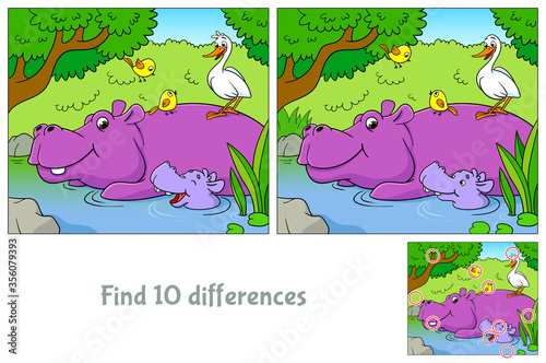 Mom hippopotamus and hippo baby swimming in the river.  Find 10 differences. Educational game for children. Cartoon vector illustration.