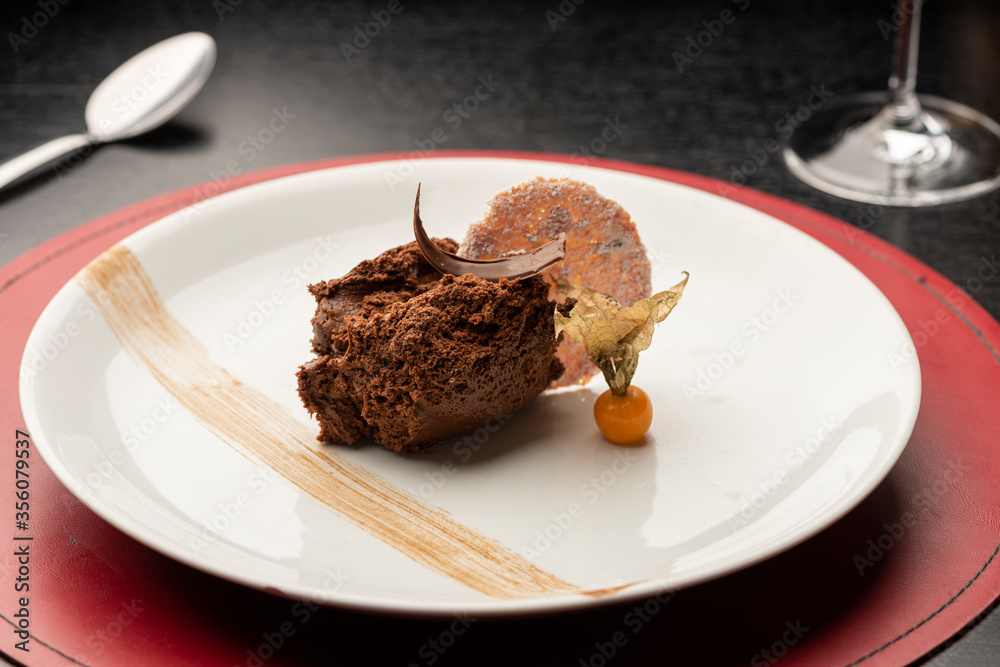 chocolate mousse dark cocoa fluffy desert with cape gooseberry physalis chocolate mousse dark cocoa fluffy desert with cape gooseberry physalis