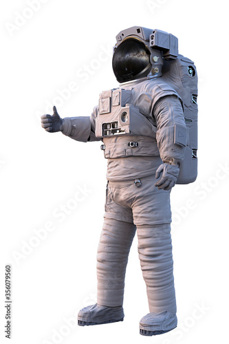 astronaut showing thumbs up, standing spaceman isolated on white background