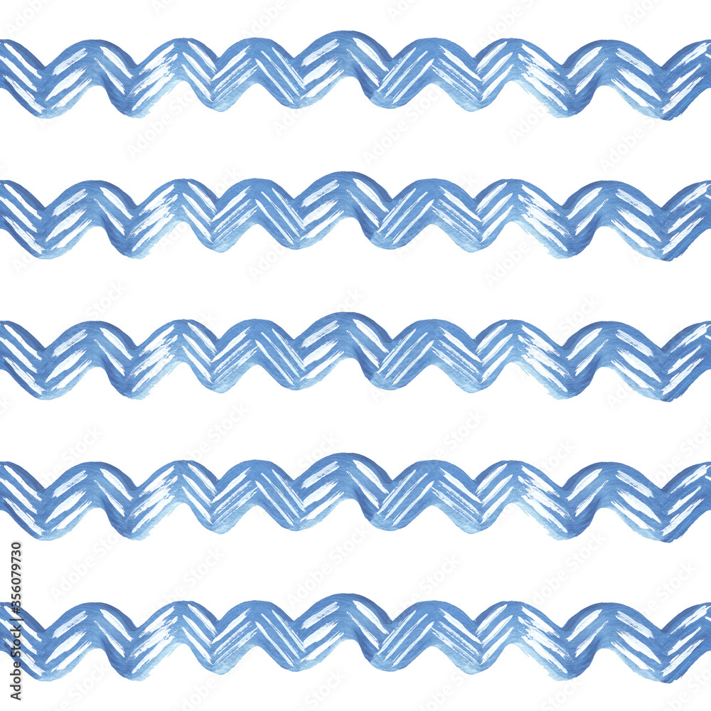 Seamless strip pattern of blue waves and white dashes on a white background.