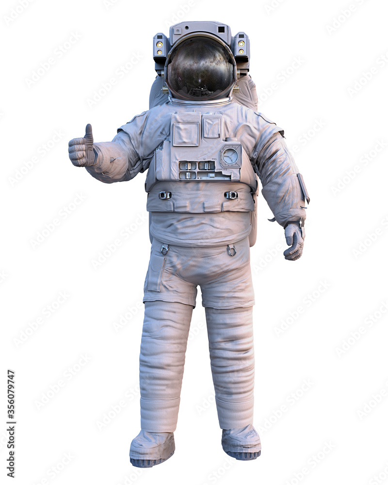 astronaut showing thumbs up, standing spaceman isolated on white background