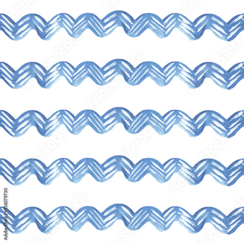 Seamless strip pattern of blue waves and white dashes on a white background.