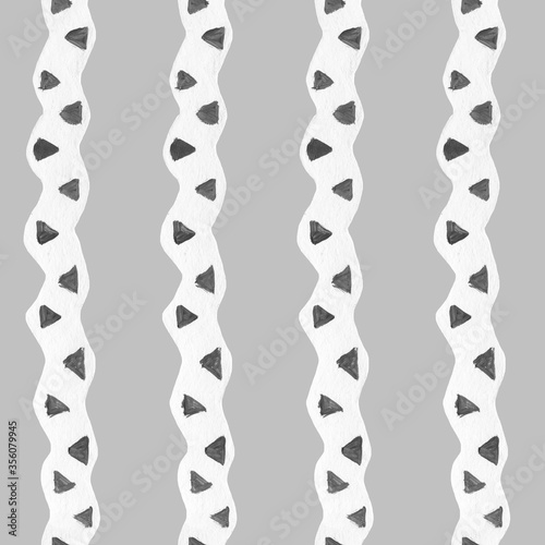 Seamless strip pattern of white waves and dark triangles on a gray background.