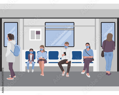 Social distancing of people inside a subway train. Passangers of metro seamless border