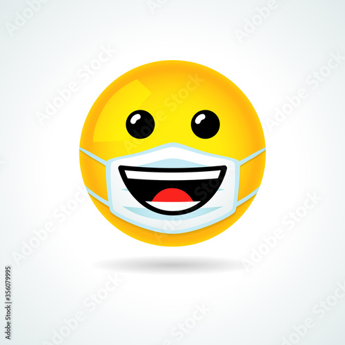 Emoji smile face with guard mouth mask. Yellow happiness smiling emoticon wearing a white surgical mask. Vector joy icon