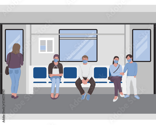 Social distancing of people inside a subway train. Passangers of metro seamless border