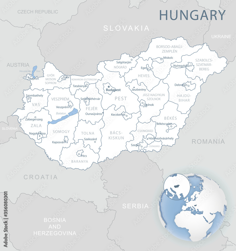 Obraz premium Niebiesko-szara szczegółowa mapa podziału administracyjnego Węgier i lokalizacji na świecie. Ilustracji wektorowych