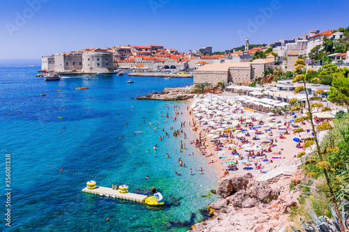 Fototapeta Naklejka Na Ścianę i Meble -  Dubrovnik, Croatia. Public beach and Old Town Dubrovnik.