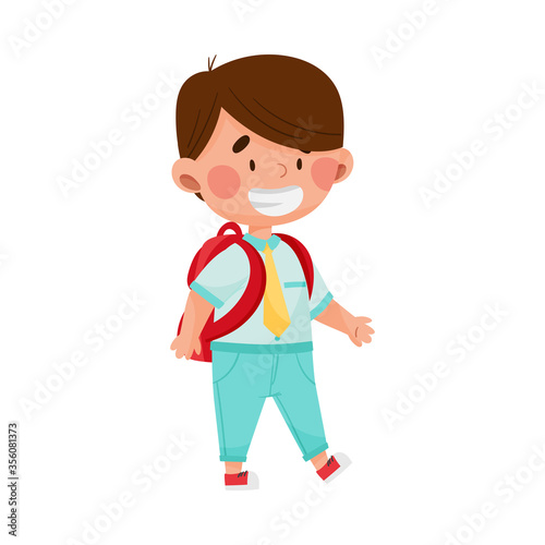 Boy Character Going to School with Backpack Vector Illustration