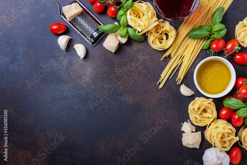 spaghetti, tagliatelle, tomato, basil, cheese, garlic and wine