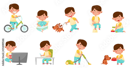 Cute Boy Character Cycling, Reading Book and Walking the Dog Vector Illustrations Set