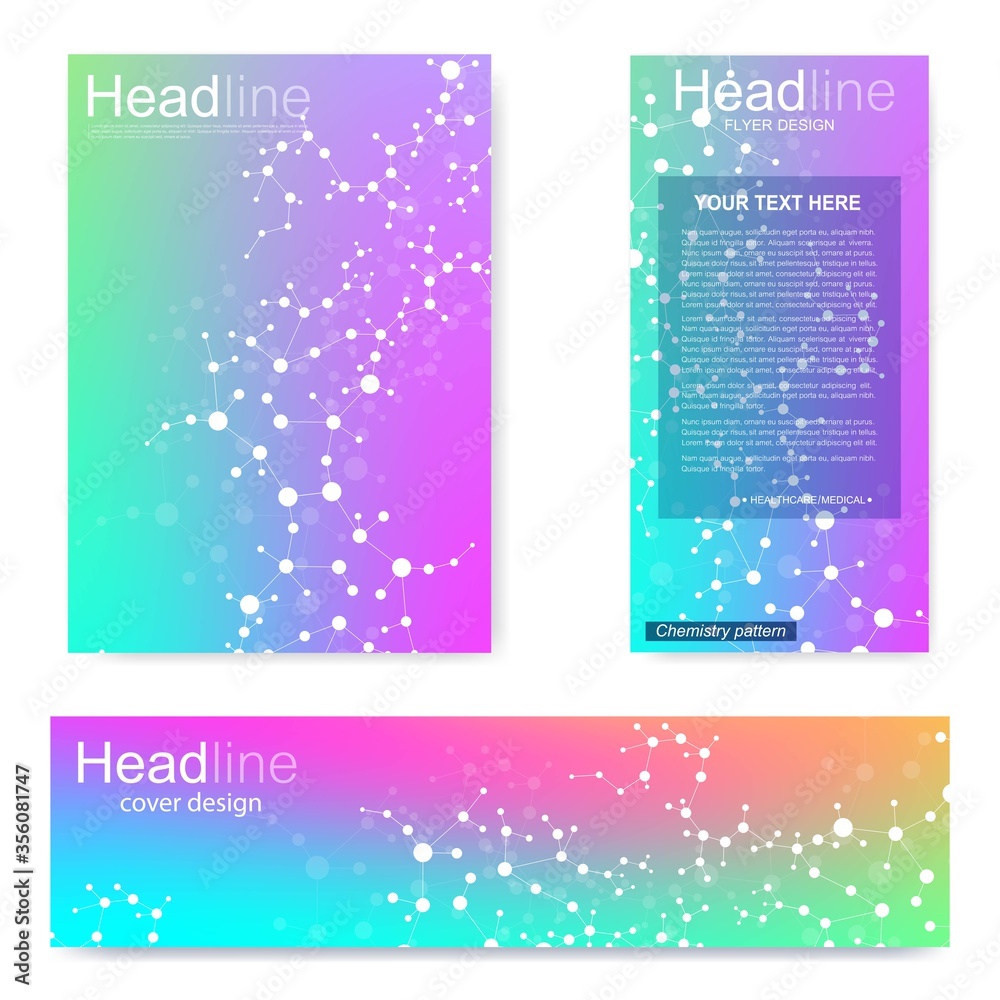 Set flyer, brochure size A4 template,banner. Molecular structure with connected lines and dots.Colorful vector covers with titles
