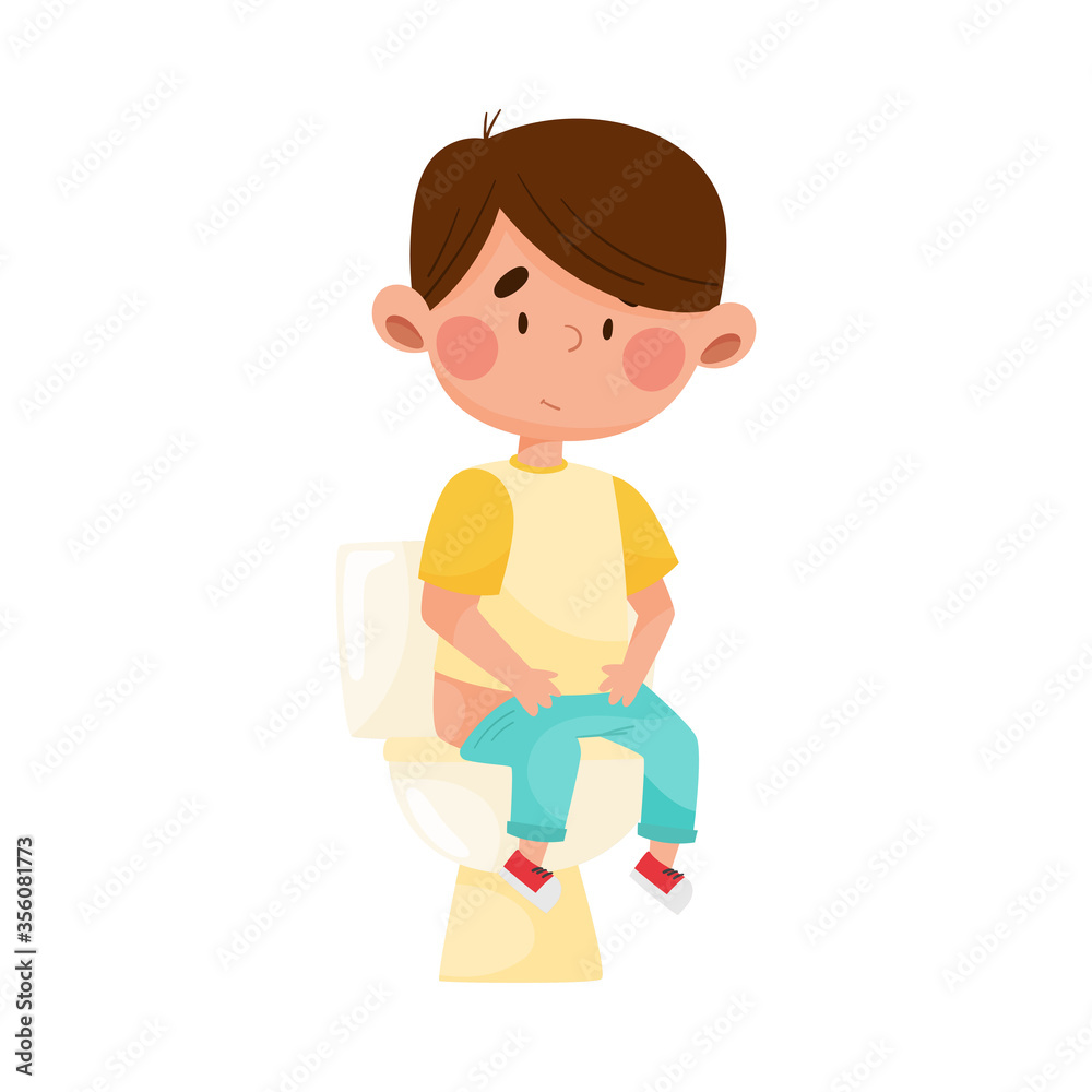 Boy Character Sitting on Toilet Bowl Vector Illustration