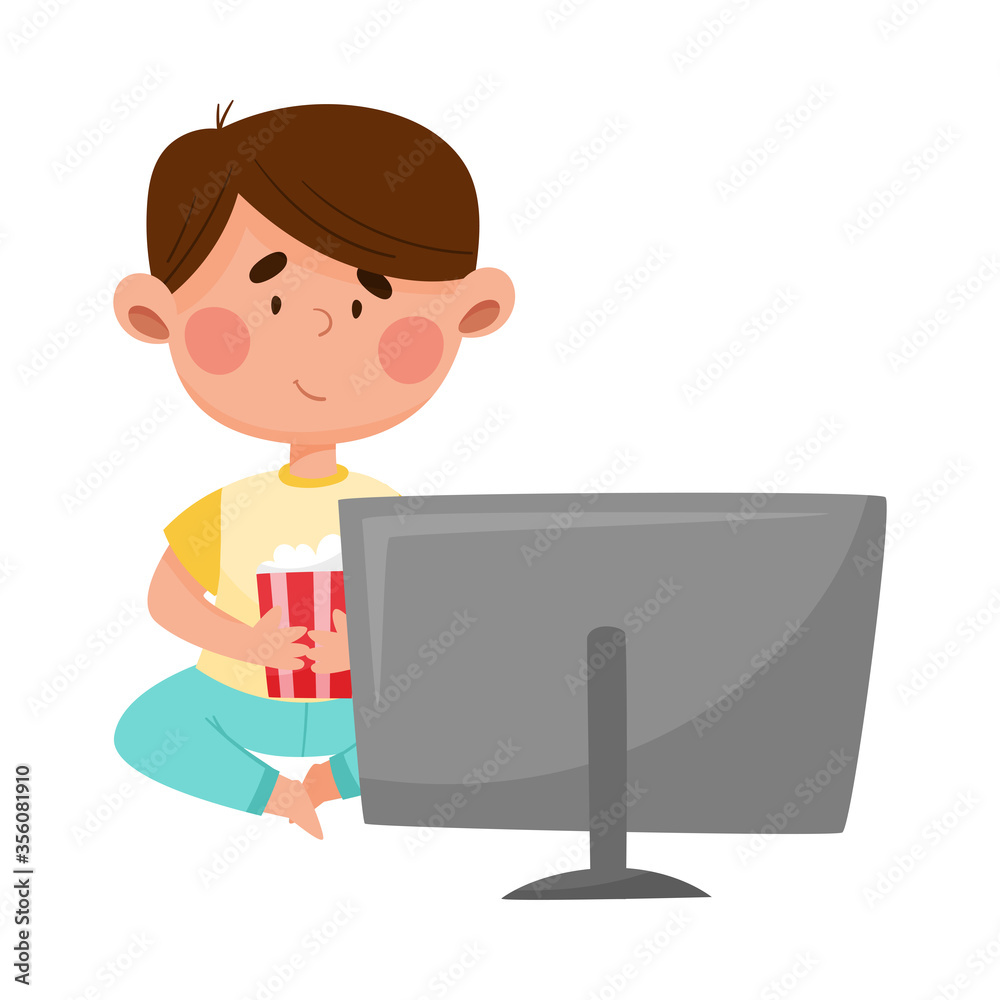 Cheerful Boy Character Watching Cartoon Film and Eating Popcorn Vector Illustration