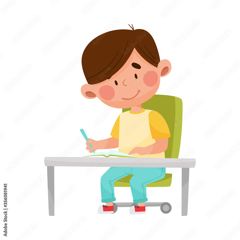 Smiling Boy Character Sitting at Table and Doing His Homework Vector Illustration Smiling Boy Character Sitting at Table and Doing His Homework Vector Illustration