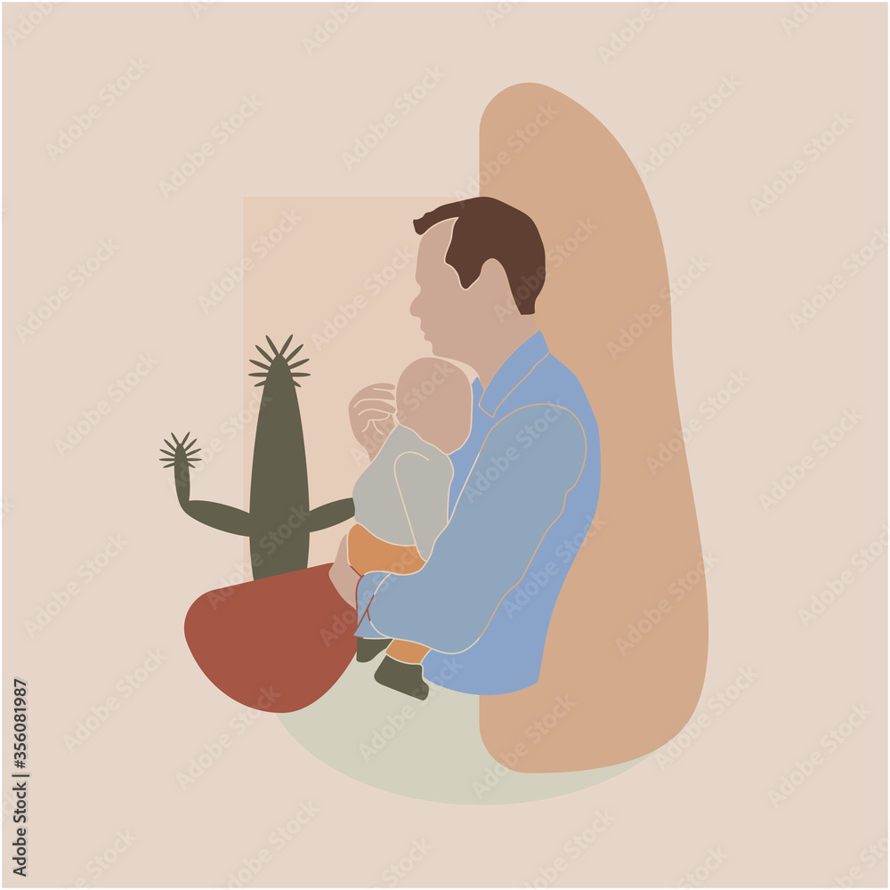 vector drawing dad holding his son in his arms, minimalism picture