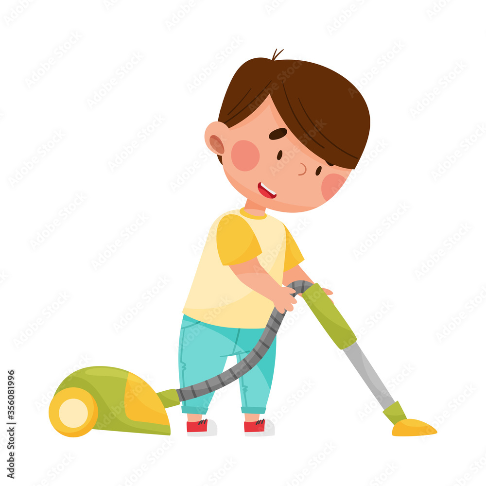 Cheerful Boy Character Vacuum Cleaning His Room Vector Illustration