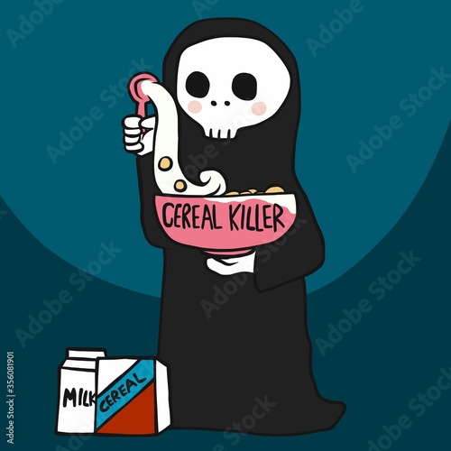 Cereal killer, the death with cereal bowl cartoon vector illustration