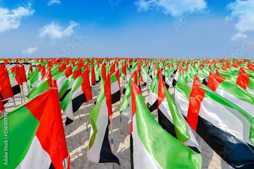 Foto United Arab Emirates flag waving on the wind, UAE Flag
