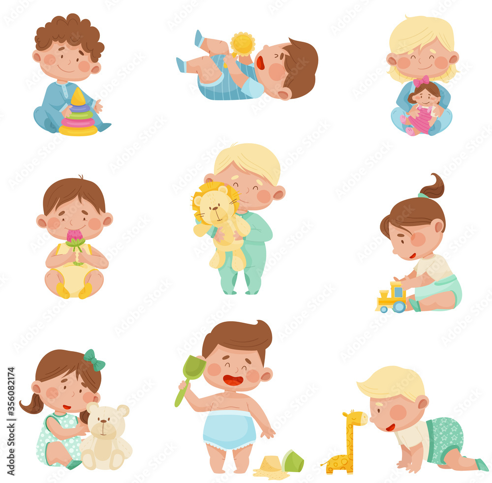 Baby Boys and Girls Sitting on the Floor and Playing with Their Toys Vector Set