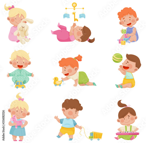Baby Boys and Girls Sitting on the Floor and Playing with Their Toys Vector Set
