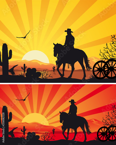 Cowboy riding horse against sunset background - Wild West silhouette background banners