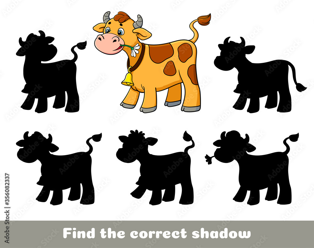 Funny brown bull.  Find the correct shadow. Educational game for children. Cartoon vector illustration.