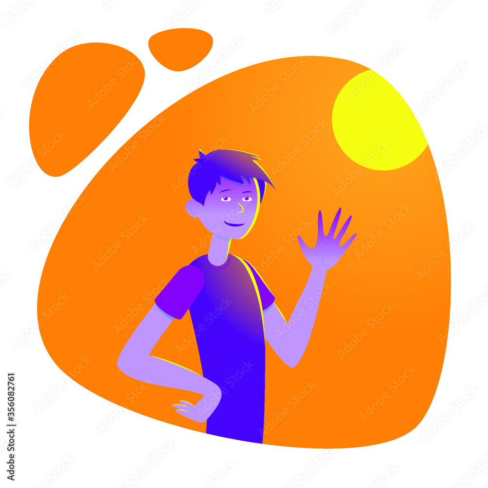 Young man with a welcoming gesture against the background of the sun. Vector illustration for your summer banner, invitation cards, flyers for the party Young man with a welcoming gesture against the background of the sun. Vector illustration for your summer banner, invitation cards, flyers for the party
