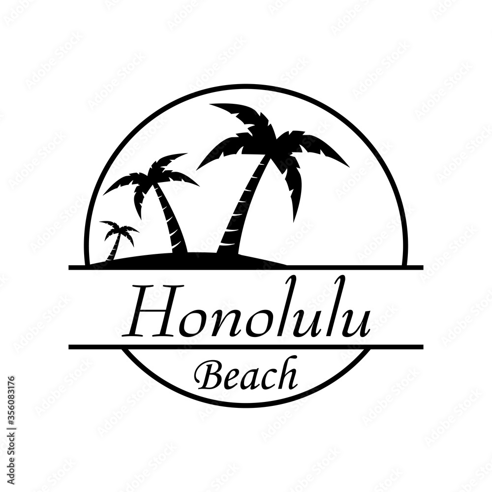 Símbolo destino de vacaciones. Icono plano texto Honolulu Beach en círculo con playa y palmeras en color negro