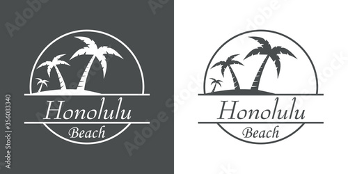 Símbolo destino de vacaciones. Icono plano texto Honolulu Beach en círculo con playa y palmeras en fondo gris y fondo blanco