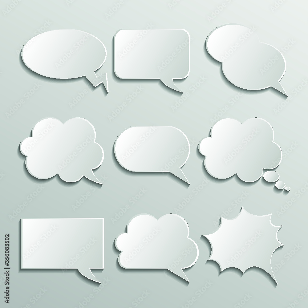 Blank empty white speech bubbles paper collection set isolated on grey background. Vector illustration 