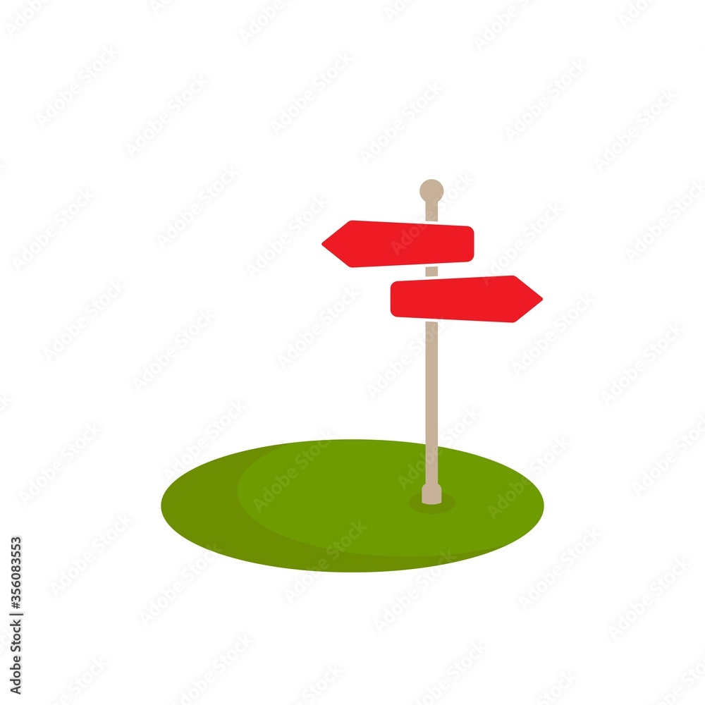 Red arrow signpost, pole pointer on grass. Street or road sign isolated on white background. Red arrow signpost, pole pointer on grass. Street or road sign isolated on white background.