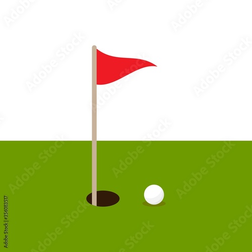 golf ball on green grass and hole with red flag. Isolated on white background.
