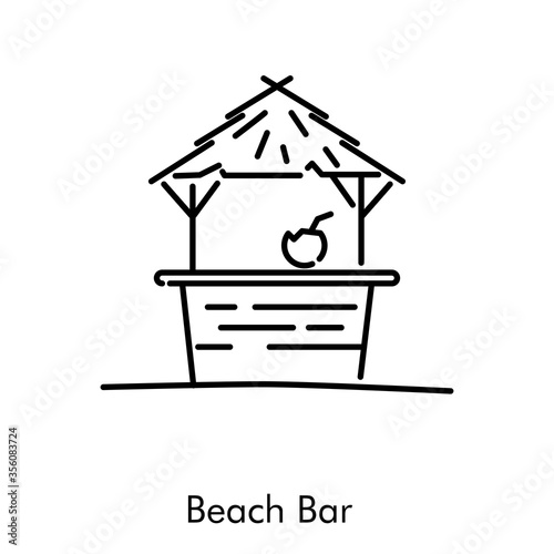 Concepto de vacaciones y viajes. Icono plano lineal choza como bar de playa de madera y palma en color negro