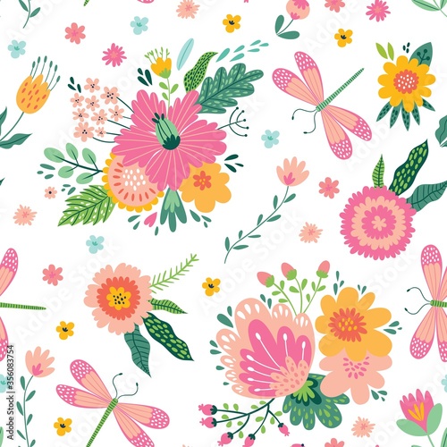 Colorful seamless pattern with insects and flowers. Summer floral repeat background for fabrics or wallpapers. Butterfly and dragonflies design.
