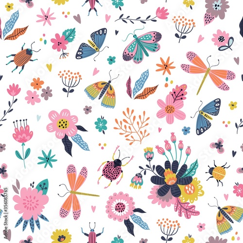 Colorful seamless pattern with insects and flowers. Summer floral repeat background for fabrics or wallpapers. Butterfly and dragonflies design. 